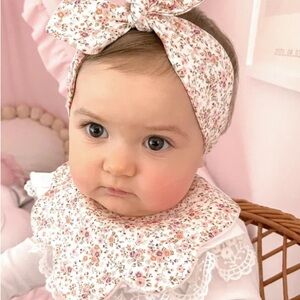 Pink Floral Baby Headband and Scalloped Bib Set
